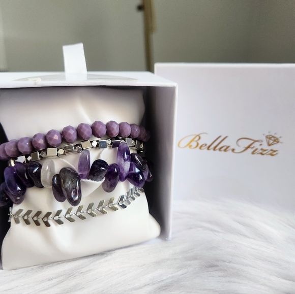 NWT Bella Fizz 'Purple Rain' Amethyst & Silver Bella Bundle Bracelet Set of 4 - Picture 2 of 11